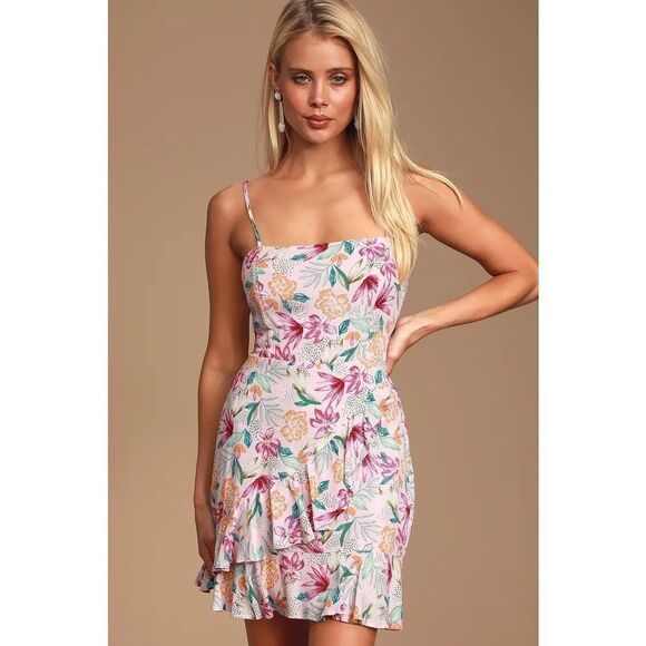 Lulu’s Lavender Tropical Print Ruffled Mini Dress XL - Picture 1 of 6